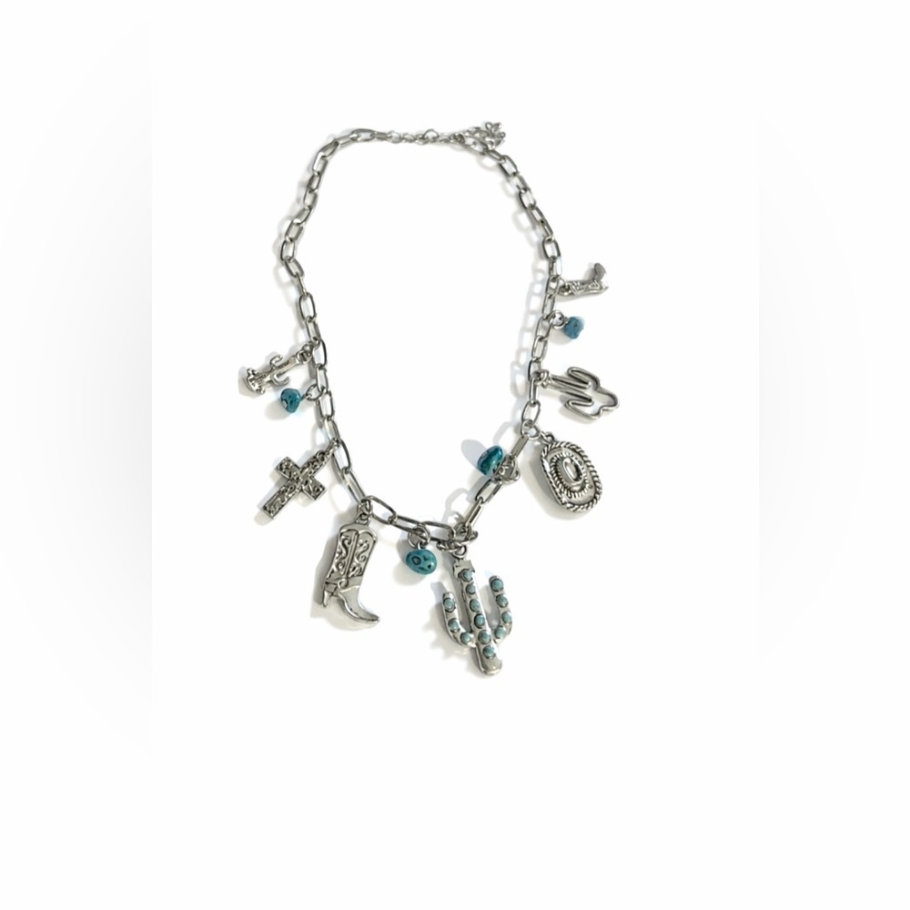 Silver Fashion Charm Necklace with Turquoise Accents